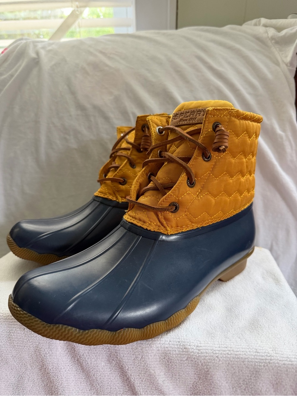 Sperry Navy and Mustard Quilted Duck Boots